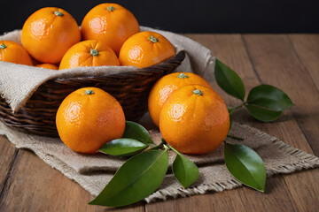 Fresh mandarin oranges fruit, tangerines with leaves in rattan basket on a cloth on wooden table. Fresh citrus fruits in rustic style