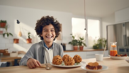 Fototapeta na wymiar Smiling young boy happily eating delicious cookies and laughing in the cozy kitchen
