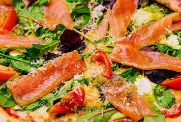Pizza with Mozzarella, Salmon Slice close up
