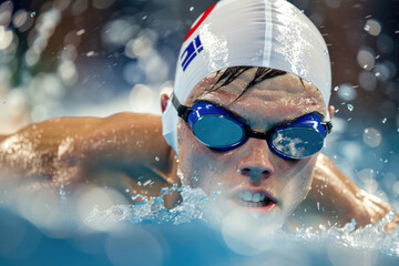 Professional swimmer in goggles and swimming cap in indoor pool lane on competitions
