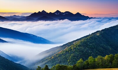 a mountain range covered in clouds and trees at sunset with a colorful sky