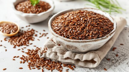 "Bowl of raw flaxseeds on a white textured surface with a spoon. 
