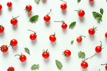 Red cherry tomatoes and green basil leaves on a white background. Flat lay composition with copy space. Healthy food and cooking concept. Design for recipe book, menu, poster, banner.