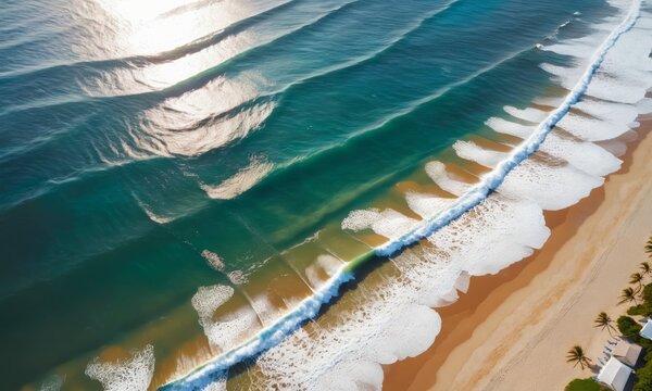 Spectacular top view from drone photo of beautiful beach with relaxing sunlight,