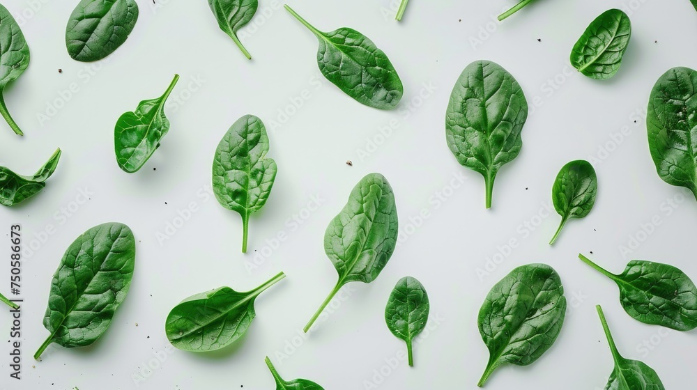 Aufkleber scattered spinach leaves with natural texture on white. top view culinary background with place for 