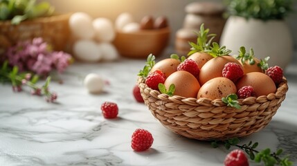 Fototapeta na wymiar Easter background. Beautiful composition of colorful eggs and spring flowers on a delicate background. Spring holidays concept with copy space.