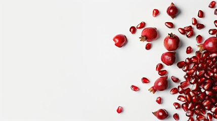 "Pomegranates and seeds scattered on white background. Top view with copy space. Healthy eating and antioxidant concept for design and print."