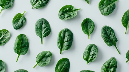 "Organic spinach leaves neatly arranged on white background. Flat lay composition with place for text. Natural food and vegan concept for design and print."