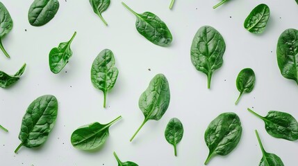 Scattered spinach leaves with natural texture on white. Top view culinary background with place for text. Organic food and cooking design. - obrazy, fototapety, plakaty