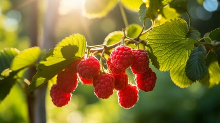 Ripe red raspberries on branch in sunlit garden, healthy organic fruit, free copy space