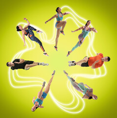 Men and women in sportswear running on light green background, collage
