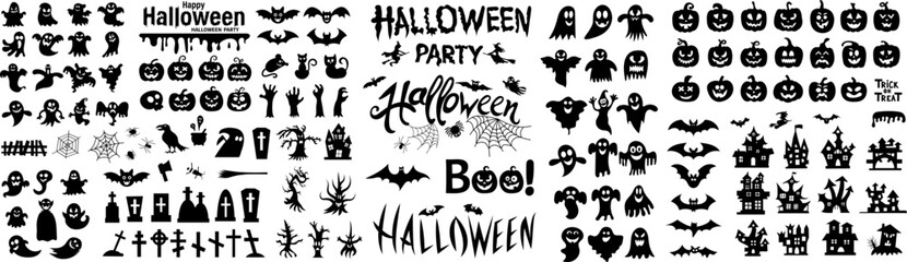 Big set of silhouettes of Halloween on a white background. Vector illustration.