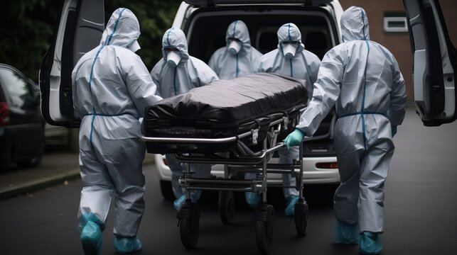 Mortuary workers of the 'Pompes Funebres Fontaine' funeral service company in protective suits transport a coffin of a COVID-19 victim in Gilly, Belgium.

Lily flower with mortuary urn and candles on
