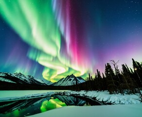 Aurora borealis over the frosty forest. Green northern lights above mountains. Night nature landscape with polar lights
