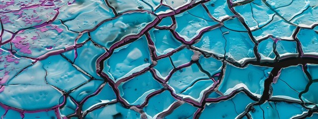 abstract pattern that resembles ariel view of cracked ice, cracks have teal and magenta colors