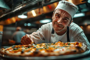 Foto op Plexiglas Pizza chef finishing the preparing of in professional pizzeria restaurant kitchen. © jakapong