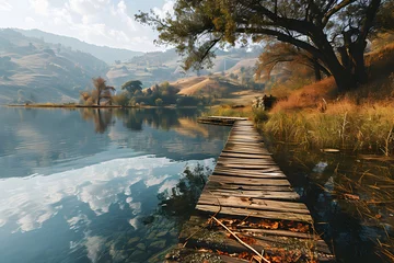 Foto auf Leinwand Peaceful Landscape of Wooden Pier on Lake. Wooden Bridge © Resdika