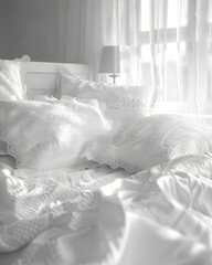 Fototapeta na wymiar a bed with white sheets and pillows in a bedroom