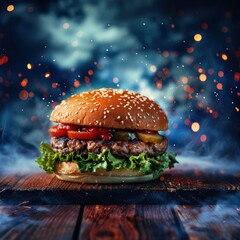 tasty burger. fast food delicious burger. Burger on abstract background with spark effect. Food menu for social media post. 