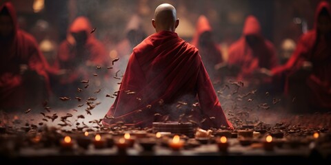 Monk in vibrant red robes conducting sacred rituals within a temple. Concept Monk in red robes, Temple rituals, Sacred traditions, Vibrant colors, Cultural heritage - obrazy, fototapety, plakaty