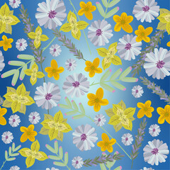 seamless pattern with cute field or garden flowers on a beautiful blue background. vector graphic for fabric, packaging or decoration
