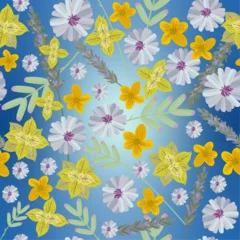 Abwaschbare Fototapete seamless pattern with cute field or garden flowers on a beautiful blue background. vector graphic for fabric, packaging or decoration © Iryna