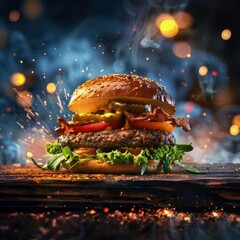 tasty burger. fast food delicious burger. Burger on abstract background with spark effect. Food menu for social media post. 