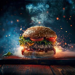 tasty burger. fast food delicious burger. Burger on abstract background with spark effect. Food menu for social media post. 