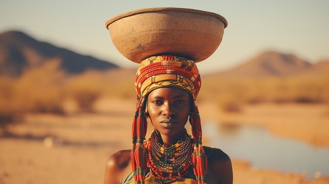 Portrait of herero woman in african desert with traditional dress, hat carry water vessel pot on head.


