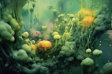 Cyanobacteria. Blue green algae under a microscope.