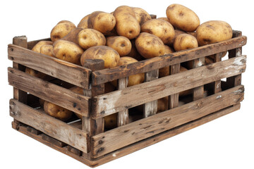 Wooden crate with potatoes, isolated on a transparent background, PNG.