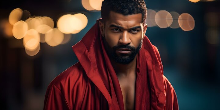 Confident male boxer poised for battle in a vibrant red robe. Concept Boxing Photography, Confident Poses, Vibrant Red Robe, Athletic Portraits, Sporty Photoshoot