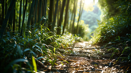 sunlight through the branches of trees,A lush bamboo forest with tall green stalks, a narrow path,...