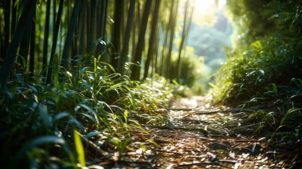 Zelfklevend Fotobehang sunlight through the branches of trees,A lush bamboo forest with tall green stalks, a narrow path, and soft, filtered sunlight. © microtech