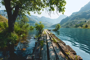 Foto auf Leinwand Peaceful Landscape of Wooden Pier on Lake. Wooden Bridge © Resdika