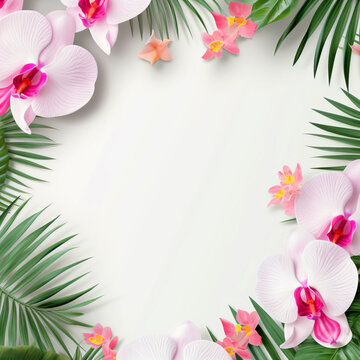 pink orchids and green leaves on a white background
