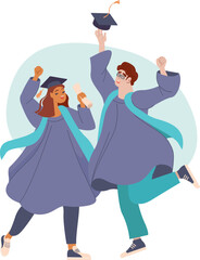 happy graduated students couple wearing academic dress, gown or robe and tossing graduation cap. Young people celebrating university graduation