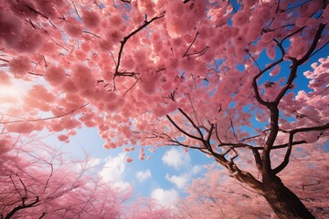 Beautiful sakura trees view on blue sky background