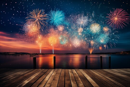 beautiful colorful fireworks on drak sky background with wood terrace