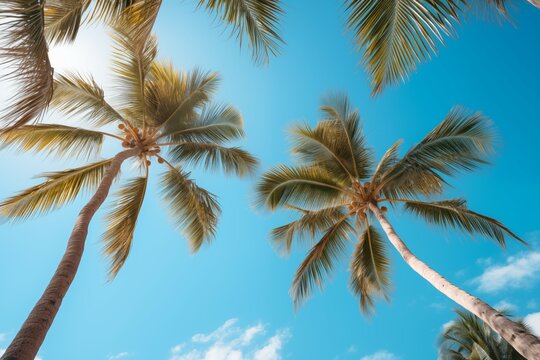 closeup palm trees on blue sky background view from below