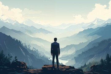 A business man stand on the mountain on blurred background for business concept - obrazy, fototapety, plakaty