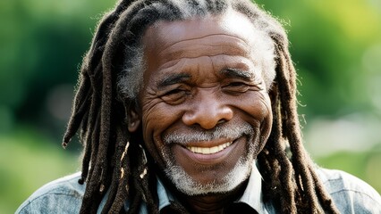 The old African with dreadlocks narrowed his eyes with a smile. - obrazy, fototapety, plakaty