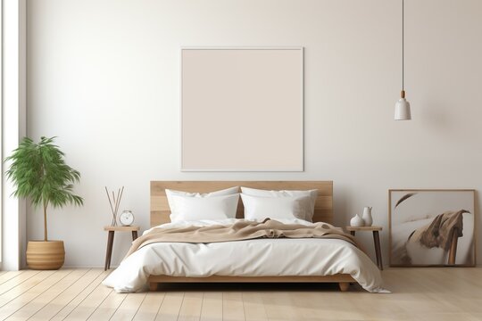 Soft bed in modern bedroom with white black frame on wall background 