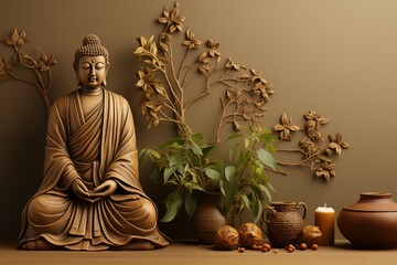 Buddha statue and leaves plant sit on soft brown background for beliefs and religion design