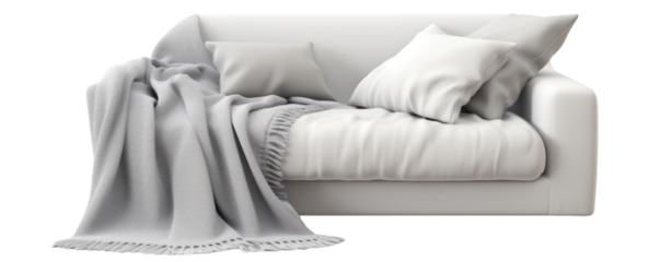 Light gray sofa, blanket, and pillow on white background
