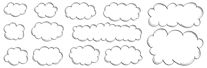 Set of clouds in retro linear style on a white isolated background. Vector doodles with place for text, hand drawn for banners, posters in comic style.