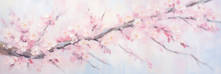 Beautiful flowering japanese cherry or sakura blossoms branch in oil painting style.