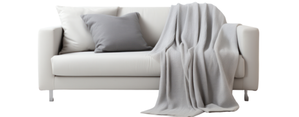 Light gray sofa, blanket, and pillow on white background