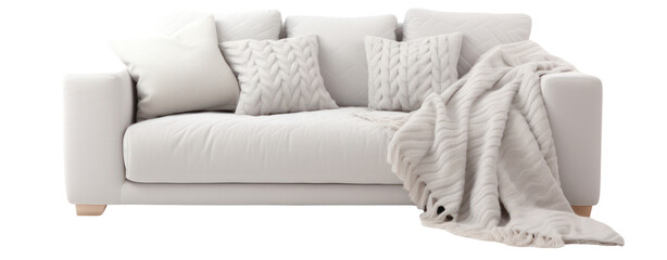 Light gray sofa, blanket, and pillow on white background