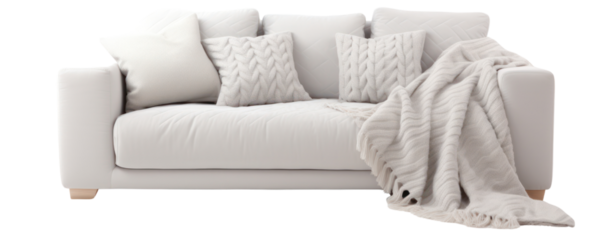 Light gray sofa, blanket, and pillow on white background